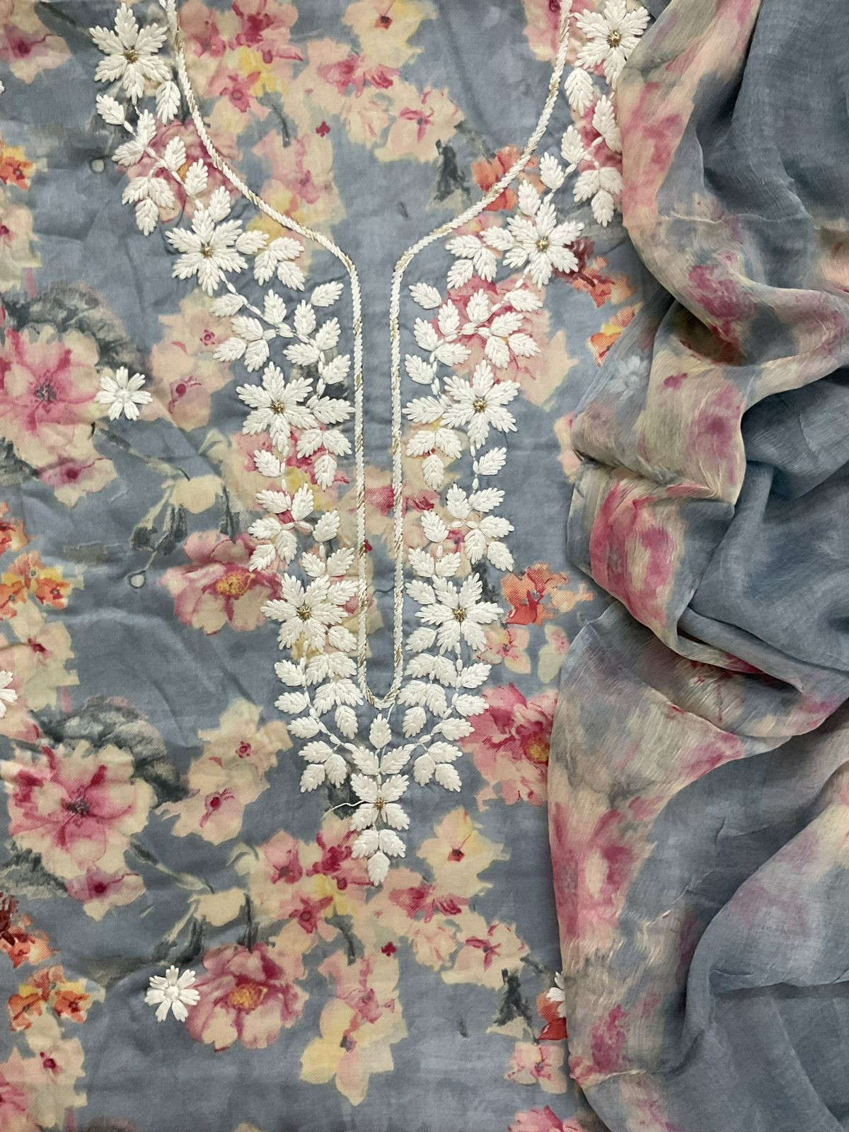 Pure Jaam Cotton Printed Embroidered Suit - Grey