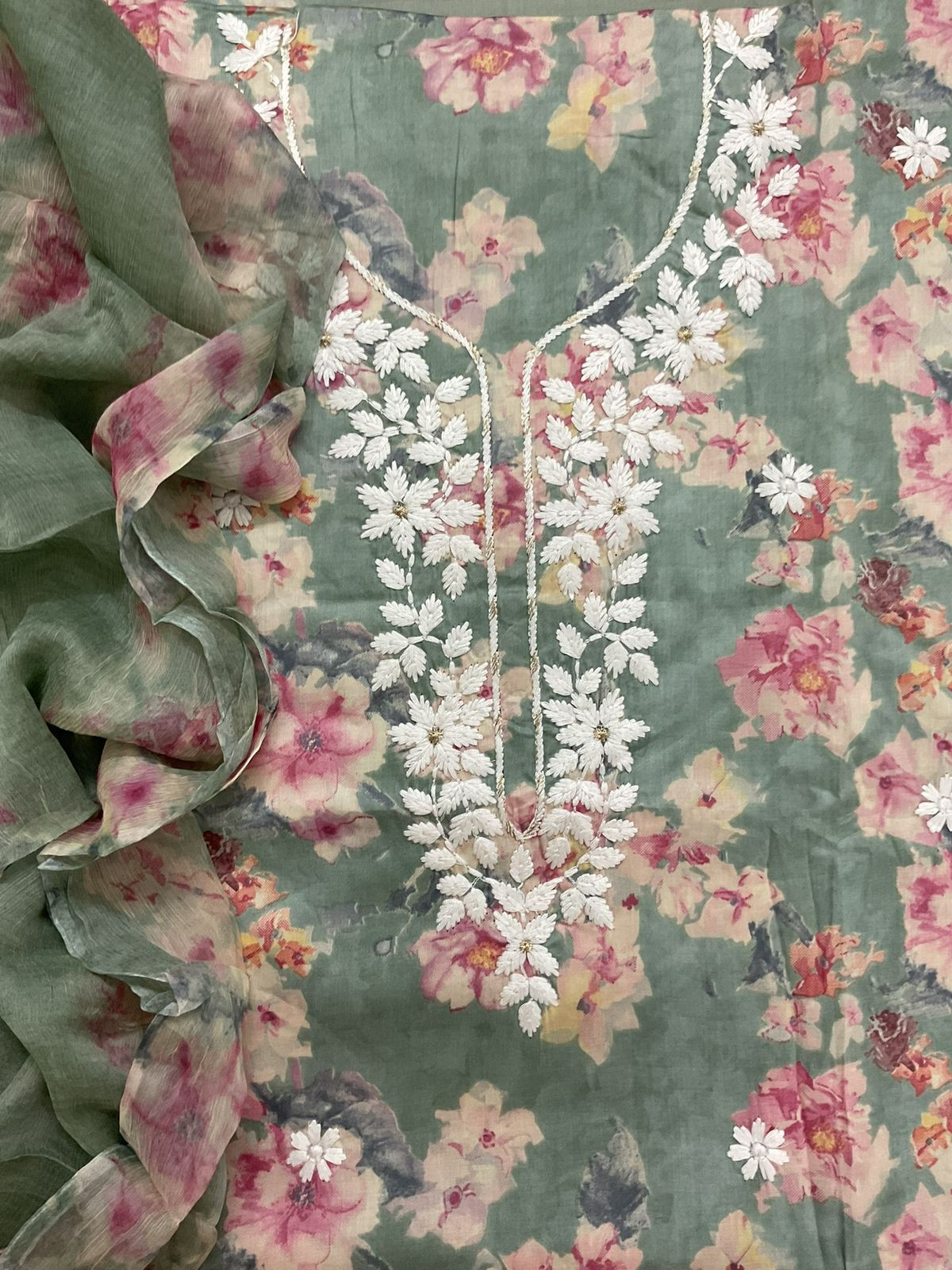 Pure Jaam Cotton Printed Embroidered Suit - Green
