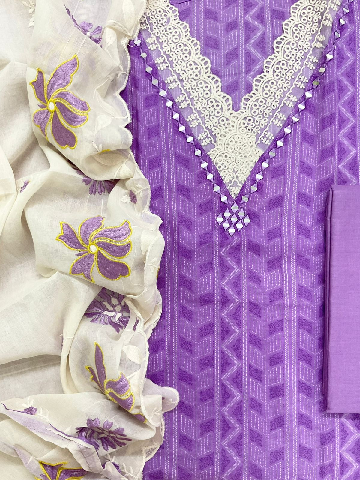 Pure Cotton Printed Embroidered Suit - Purple