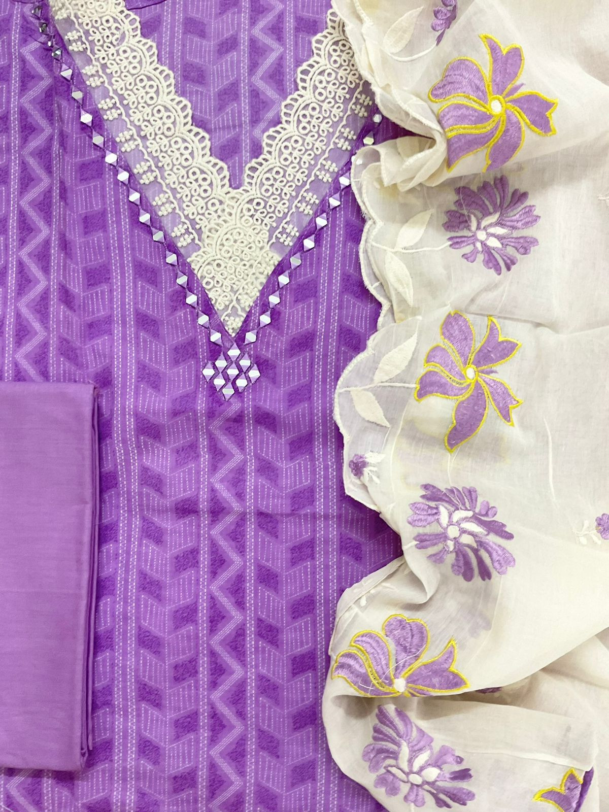 Pure Cotton Printed Embroidered Suit - Purple
