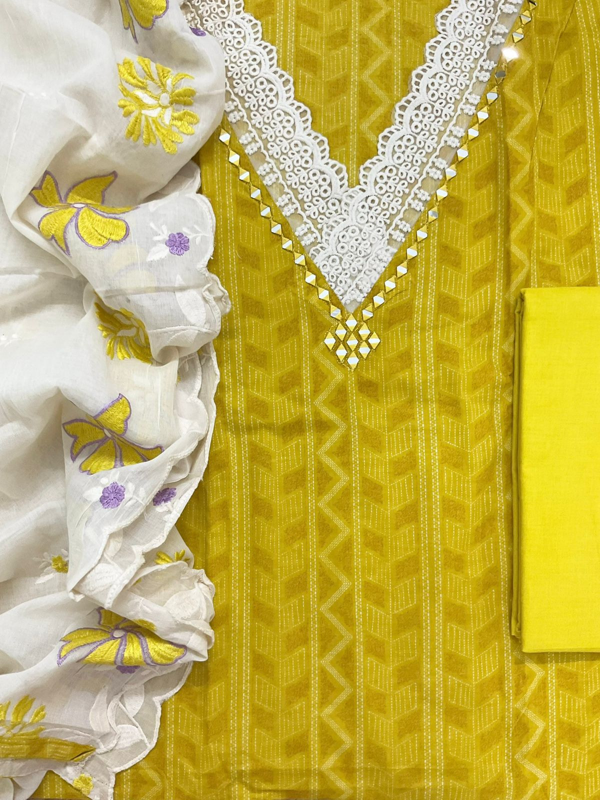 Pure Cotton Printed Embroidered Suit - Yellow
