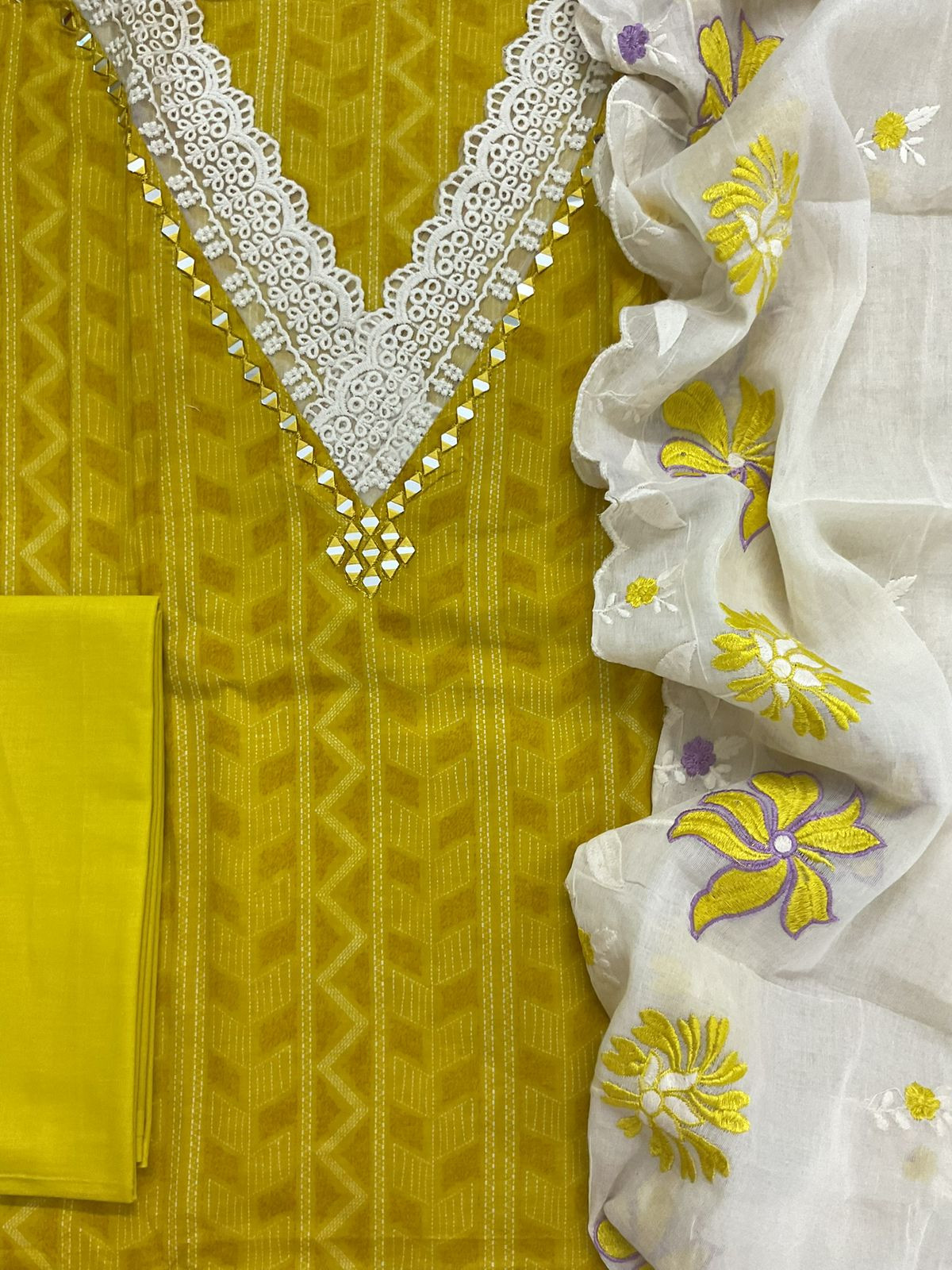 Pure Cotton Printed Embroidered Suit - Yellow