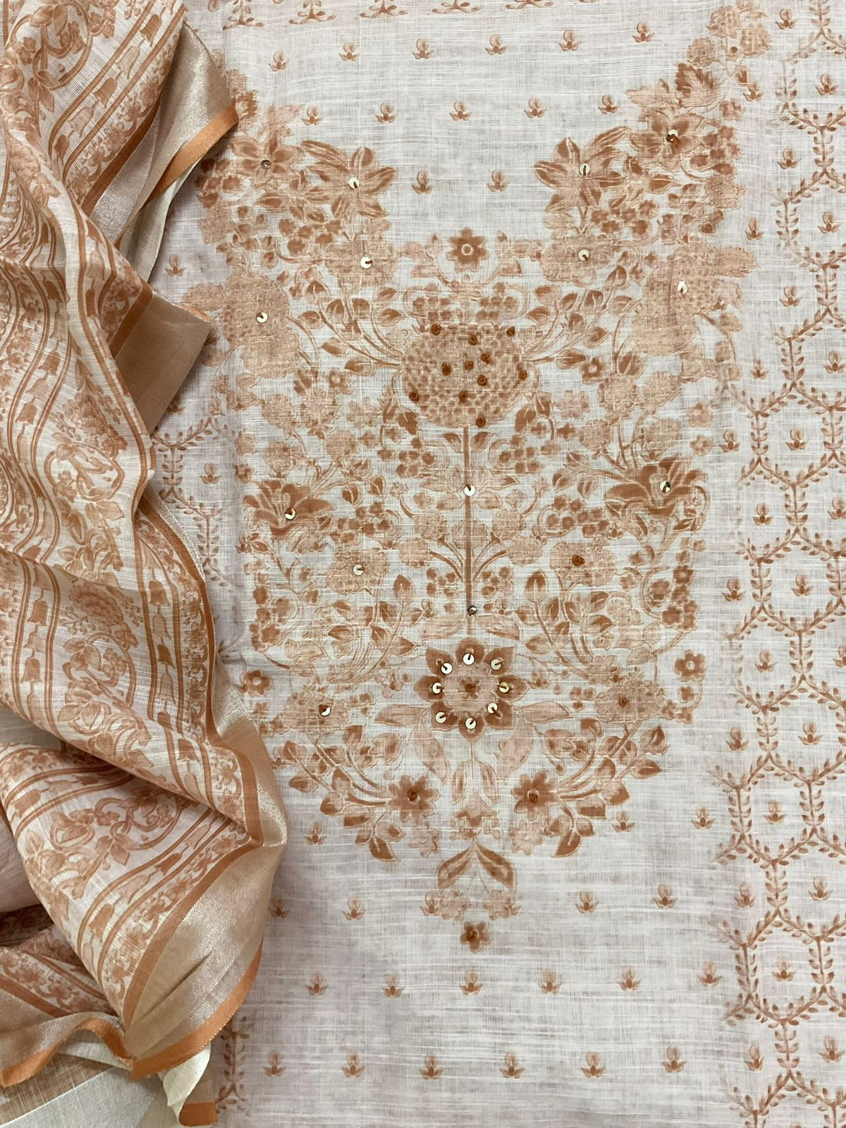 Soft Linen Jute Cotton Printed Embroidered Suit - Beige