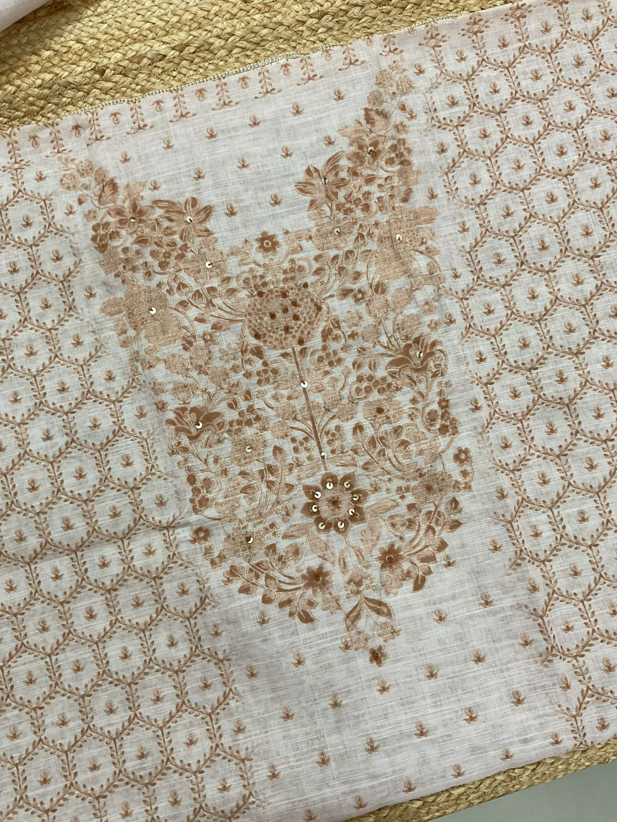 Soft Linen Jute Cotton Printed Embroidered Suit - Beige