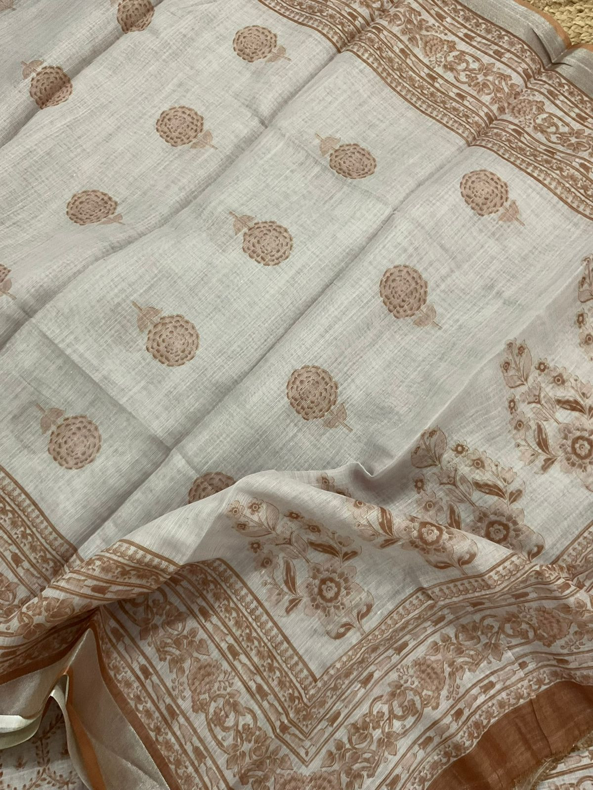 Soft Linen Jute Cotton Printed Embroidered Suit - Beige