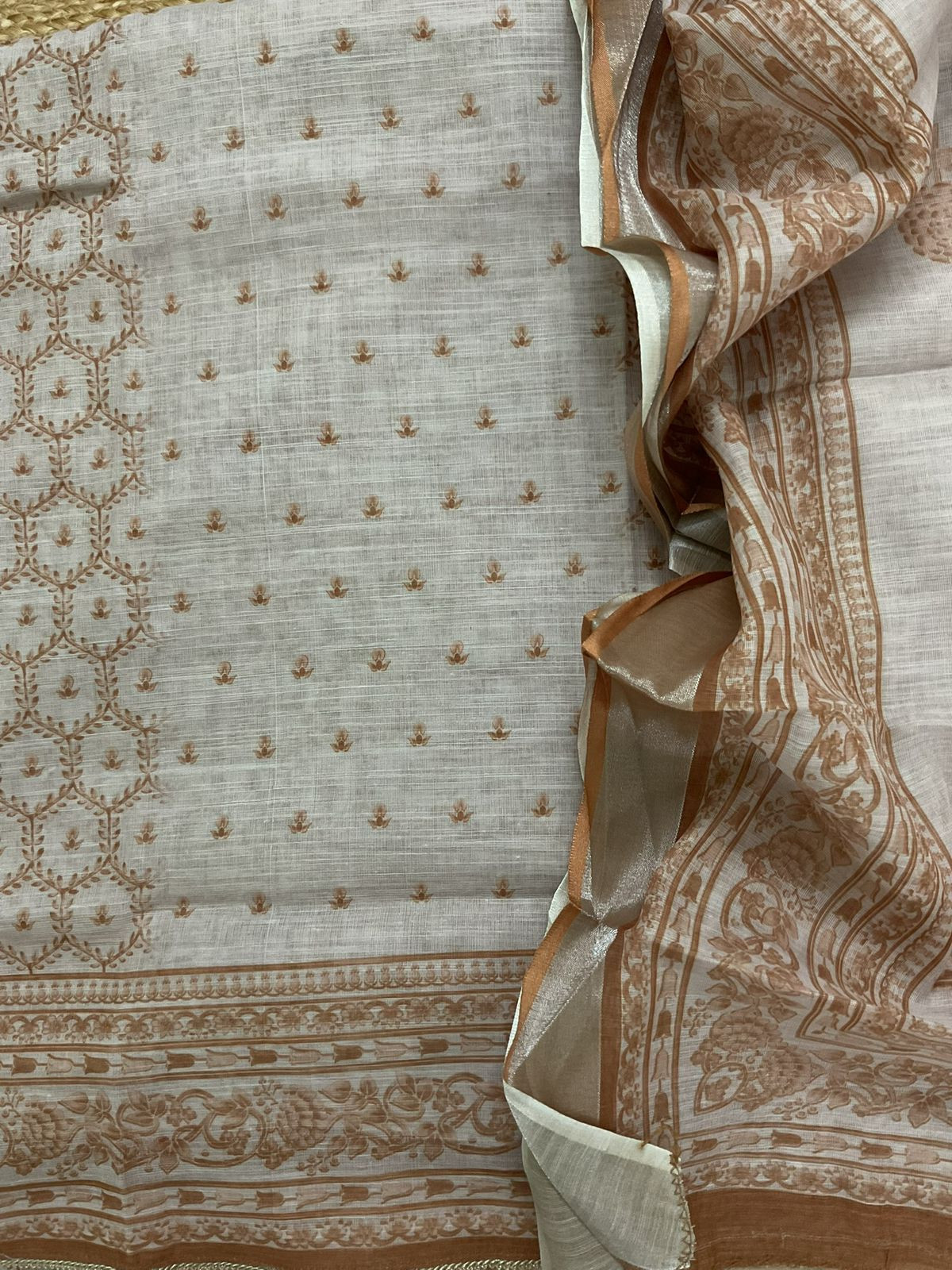 Soft Linen Jute Cotton Printed Embroidered Suit - Beige