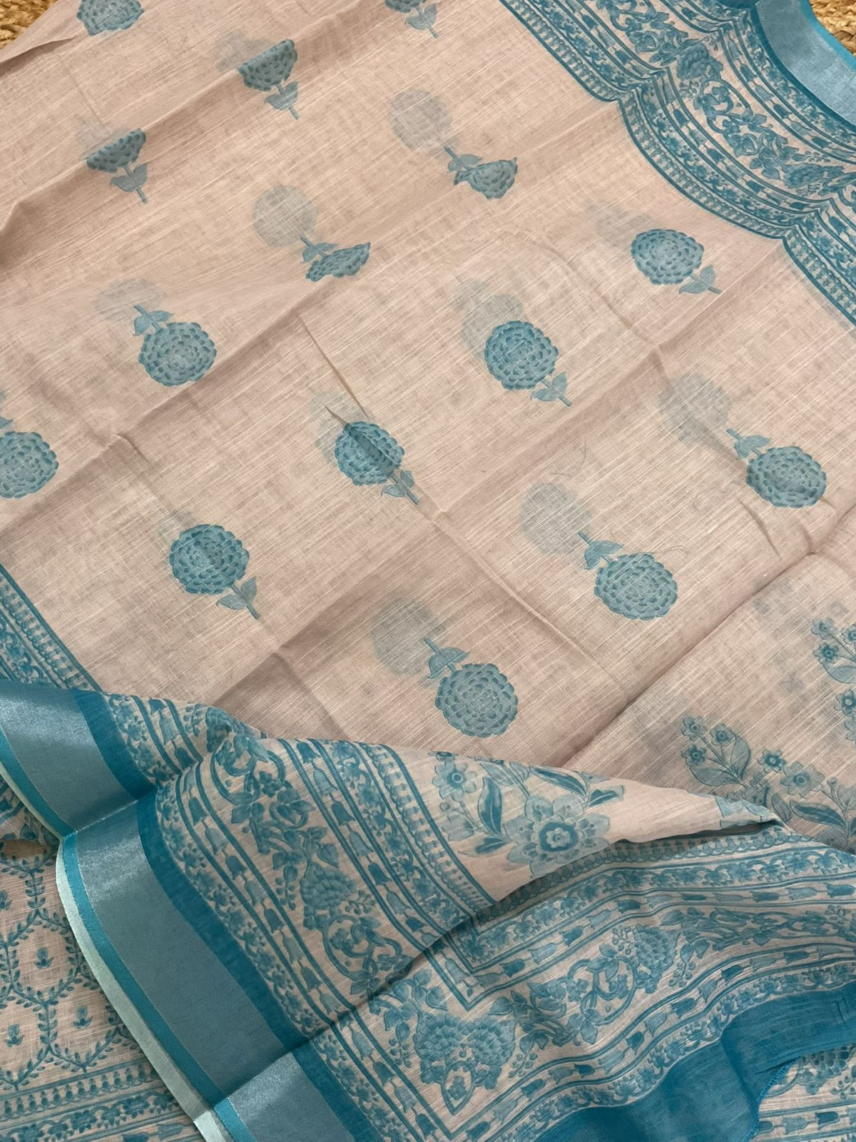Soft Linen Jute Cotton Printed Embroidered Suit - Beige