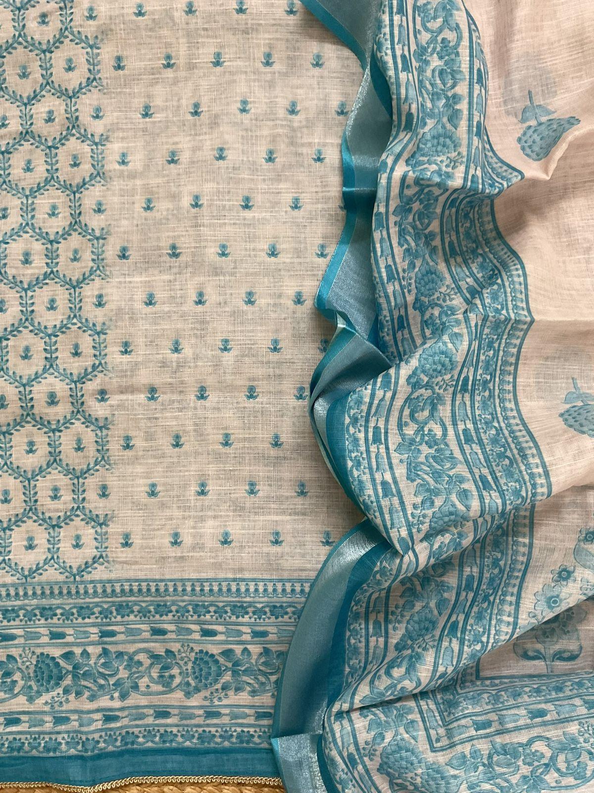 Soft Linen Jute Cotton Printed Embroidered Suit - Beige