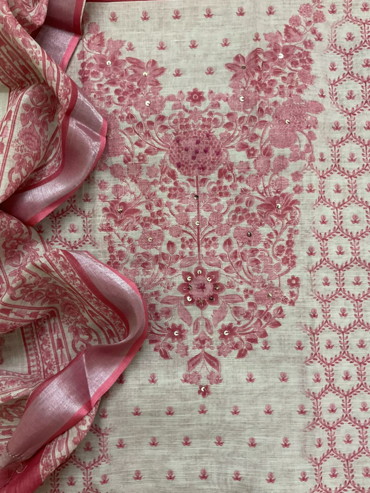 Image of Soft Linen Jute Cotton Printed Embroidered Suit - Beige