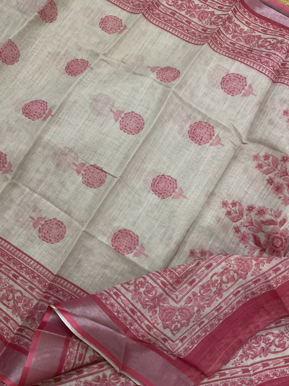 Soft Linen Jute Cotton Printed Embroidered Suit - Beige