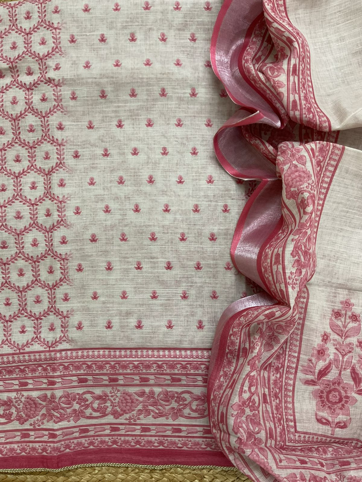 Soft Linen Jute Cotton Printed Embroidered Suit - Beige