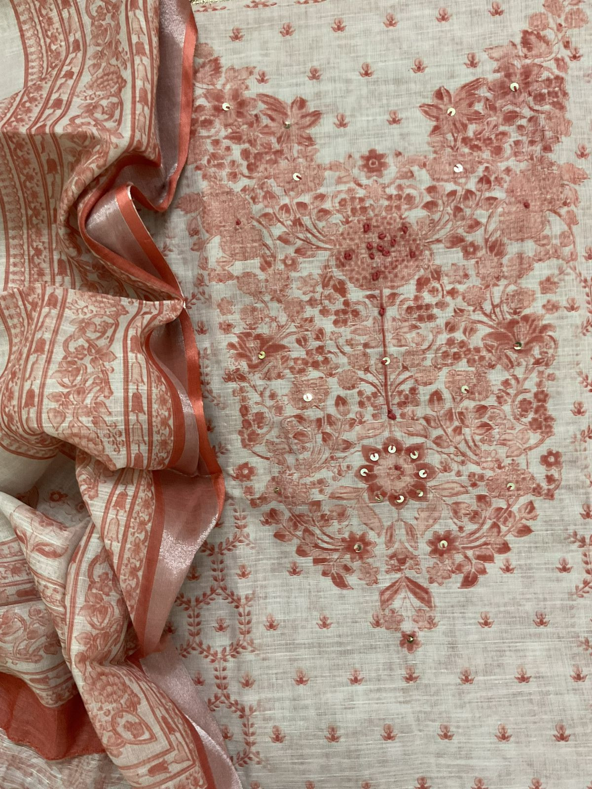 Soft Linen Jute Cotton Printed Embroidered Suit - Beige