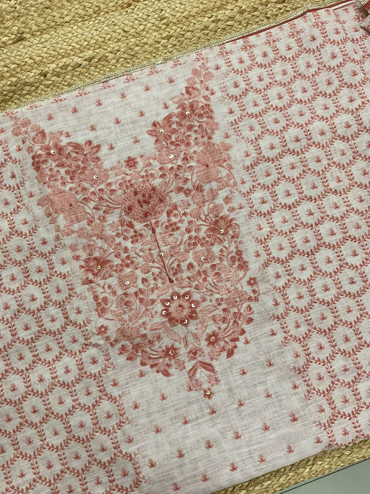 Soft Linen Jute Cotton Printed Embroidered Suit - Beige
