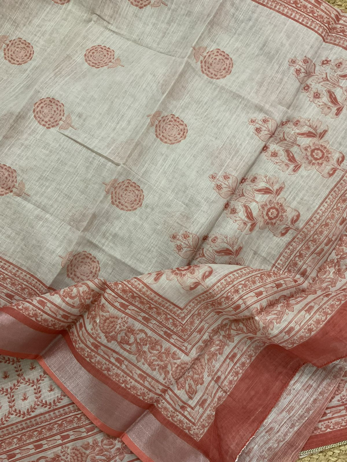 Soft Linen Jute Cotton Printed Embroidered Suit - Beige