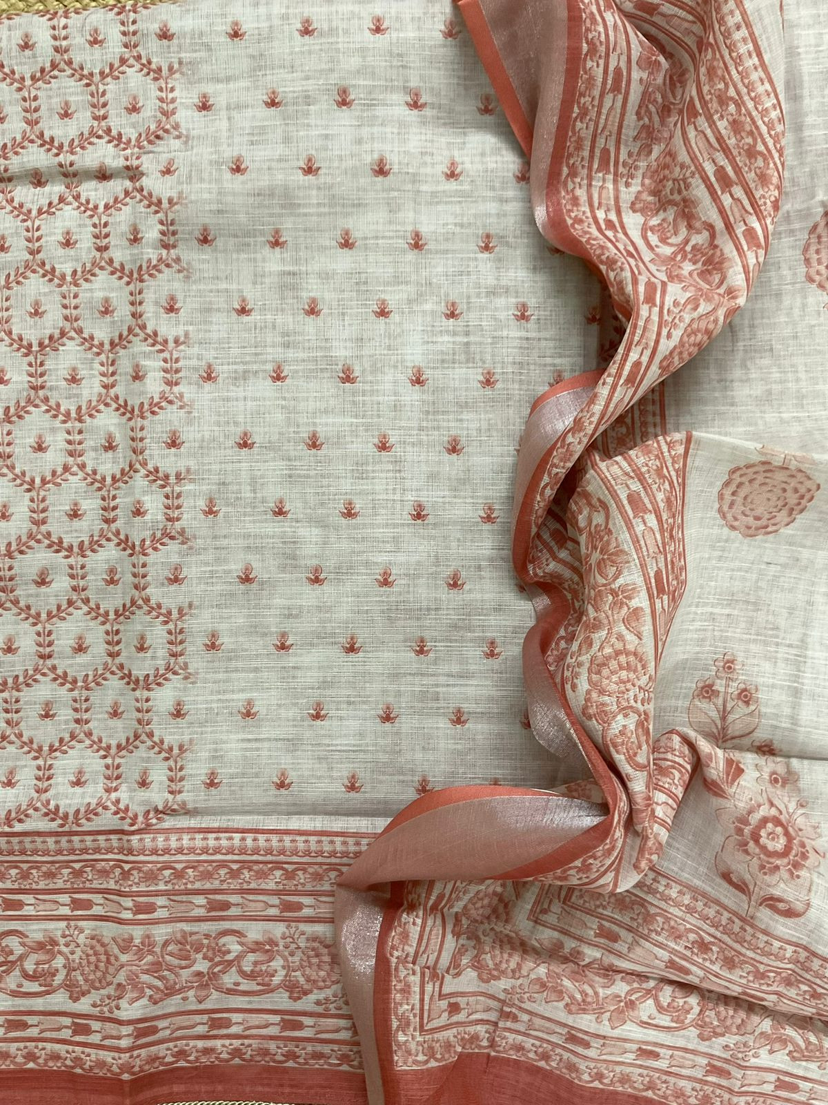 Soft Linen Jute Cotton Printed Embroidered Suit - Beige