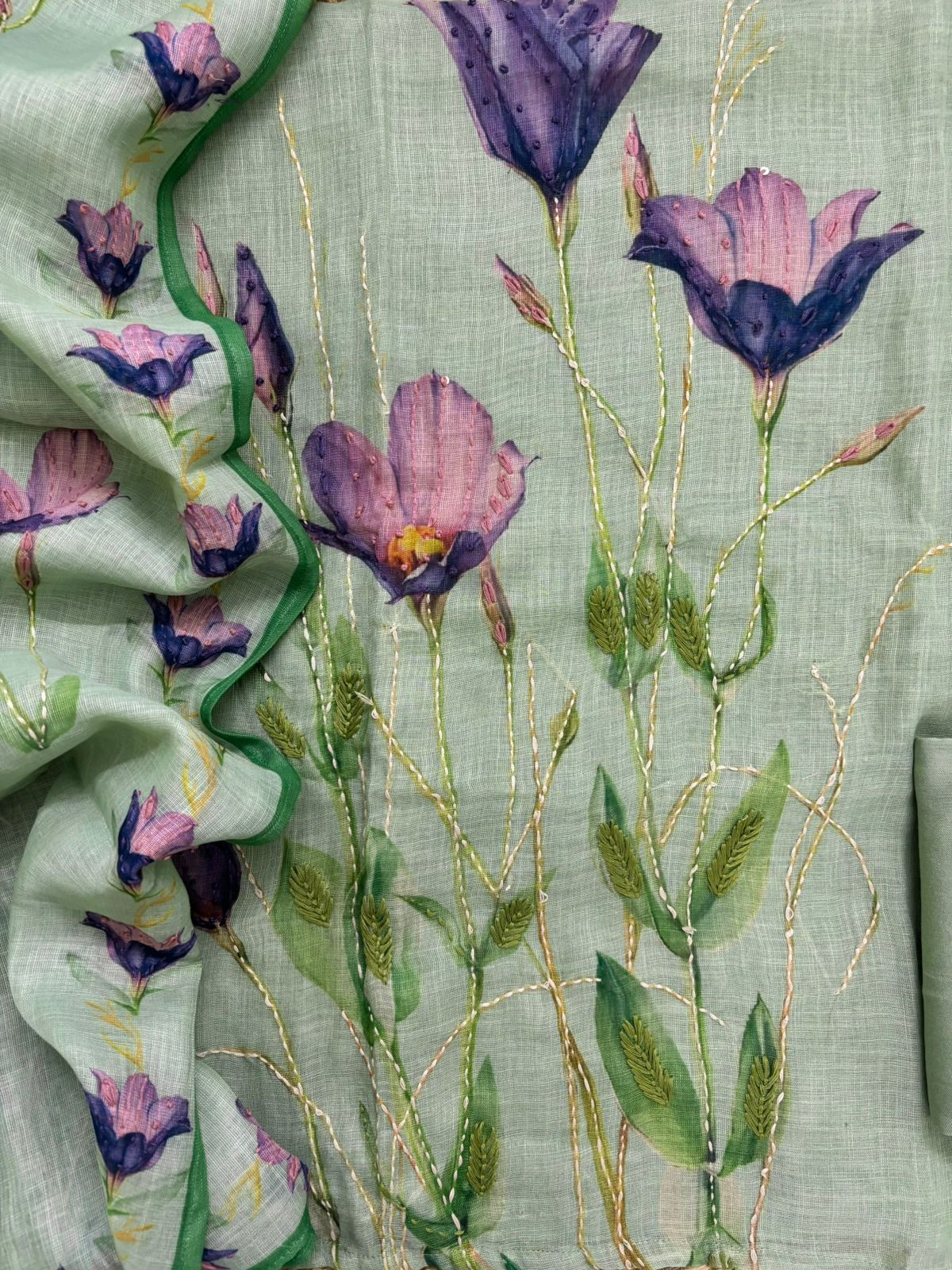 Soft Linen Jute Cotton Printed Embroidered Suit - Green