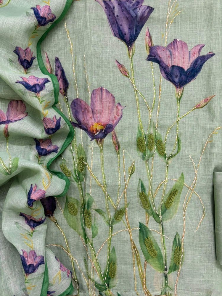 Image of Soft Linen Jute Cotton Printed Embroidered Suit - Green