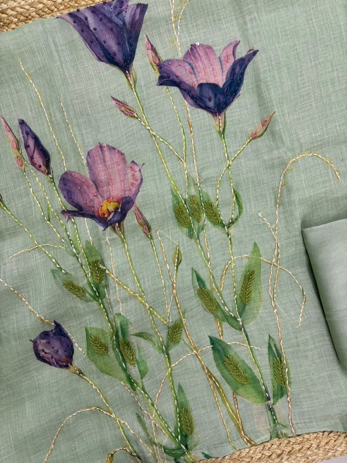 Soft Linen Jute Cotton Printed Embroidered Suit - Green