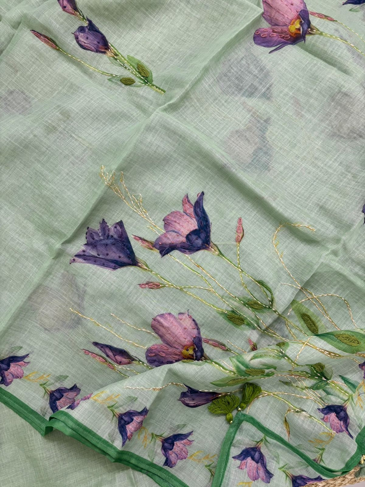 Soft Linen Jute Cotton Printed Embroidered Suit - Green