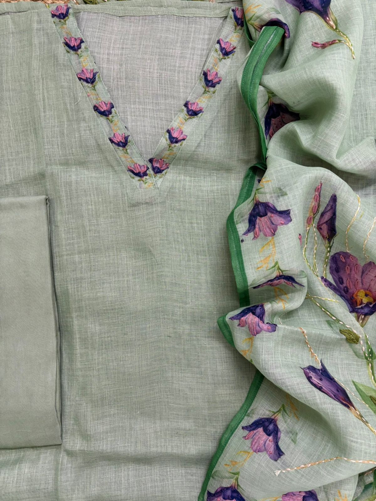 Soft Linen Jute Cotton Printed Embroidered Suit - Green