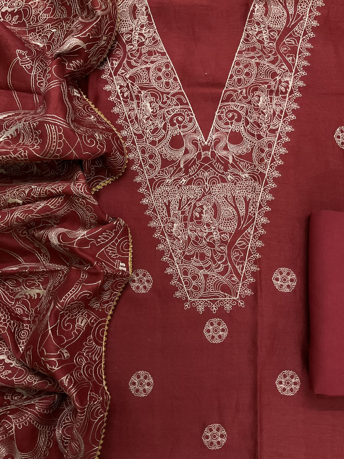 Pure Mul Chanderi Embroidered Suit - Maroon