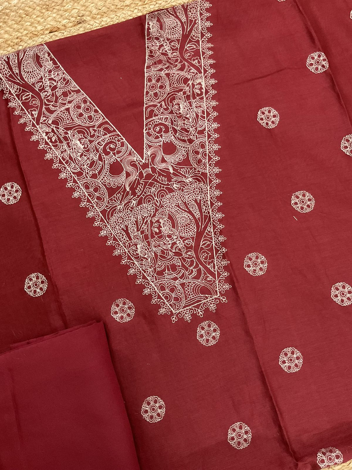 Pure Mul Chanderi Embroidered Suit - Maroon