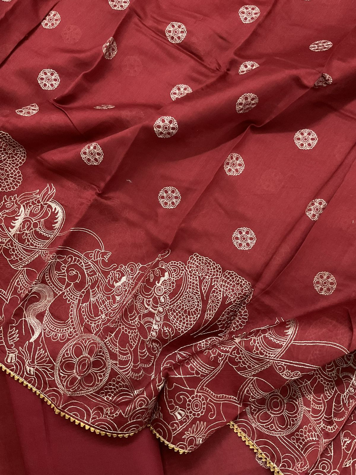 Pure Mul Chanderi Embroidered Suit - Maroon