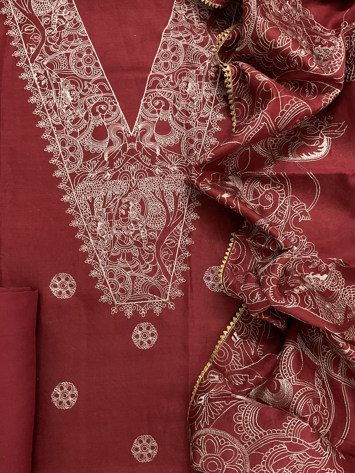 Pure Mul Chanderi Embroidered Suit - Maroon