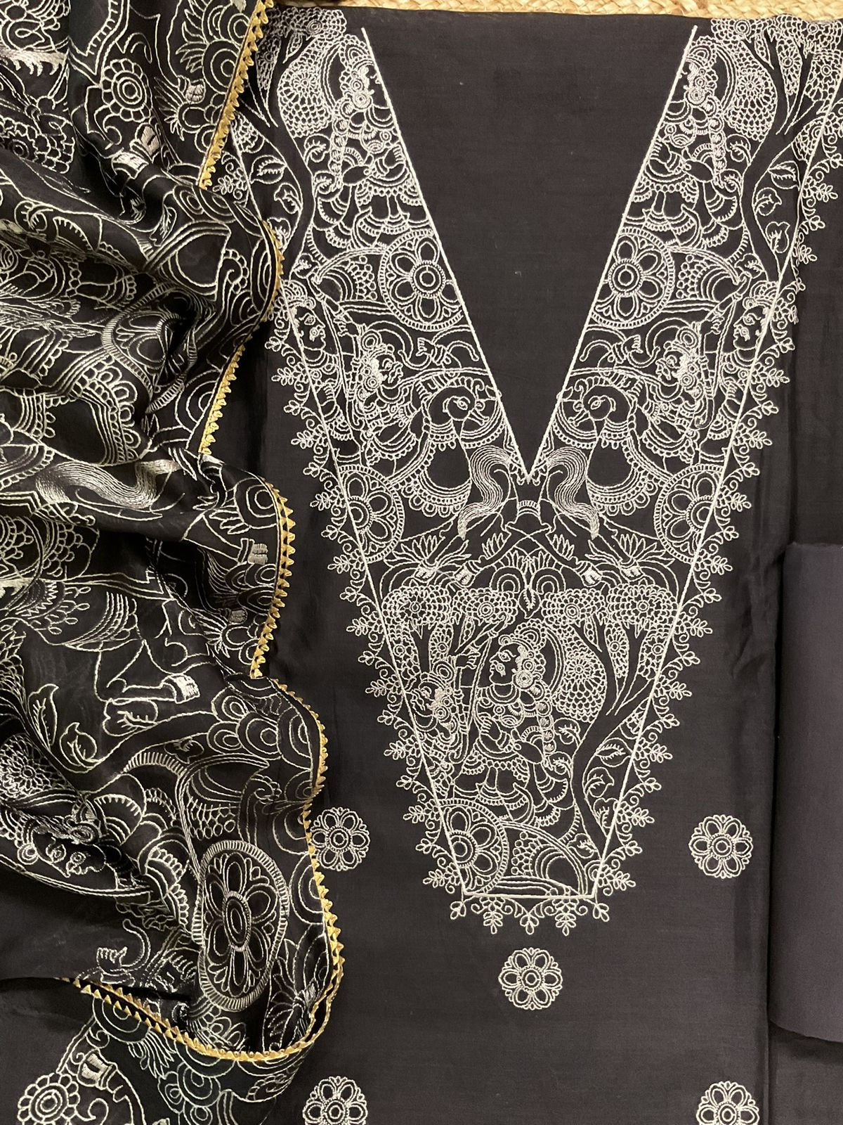 Pure Mul Chanderi Embroidered Suit - Dark Brown