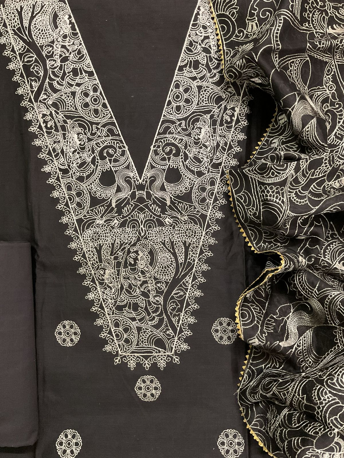 Pure Mul Chanderi Embroidered Suit - Dark Brown