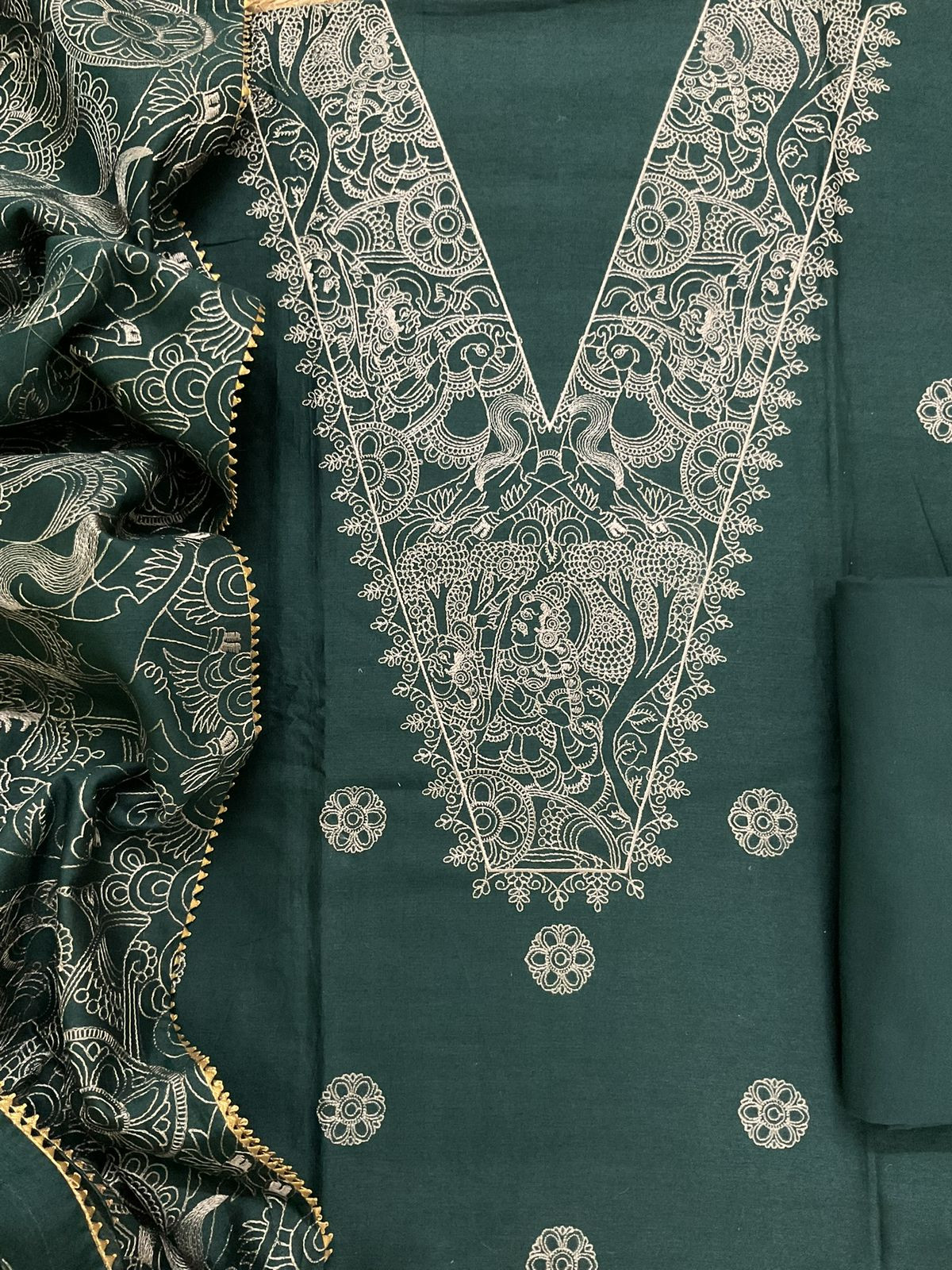 Pure Mul Chanderi Embroidered Suit - Green