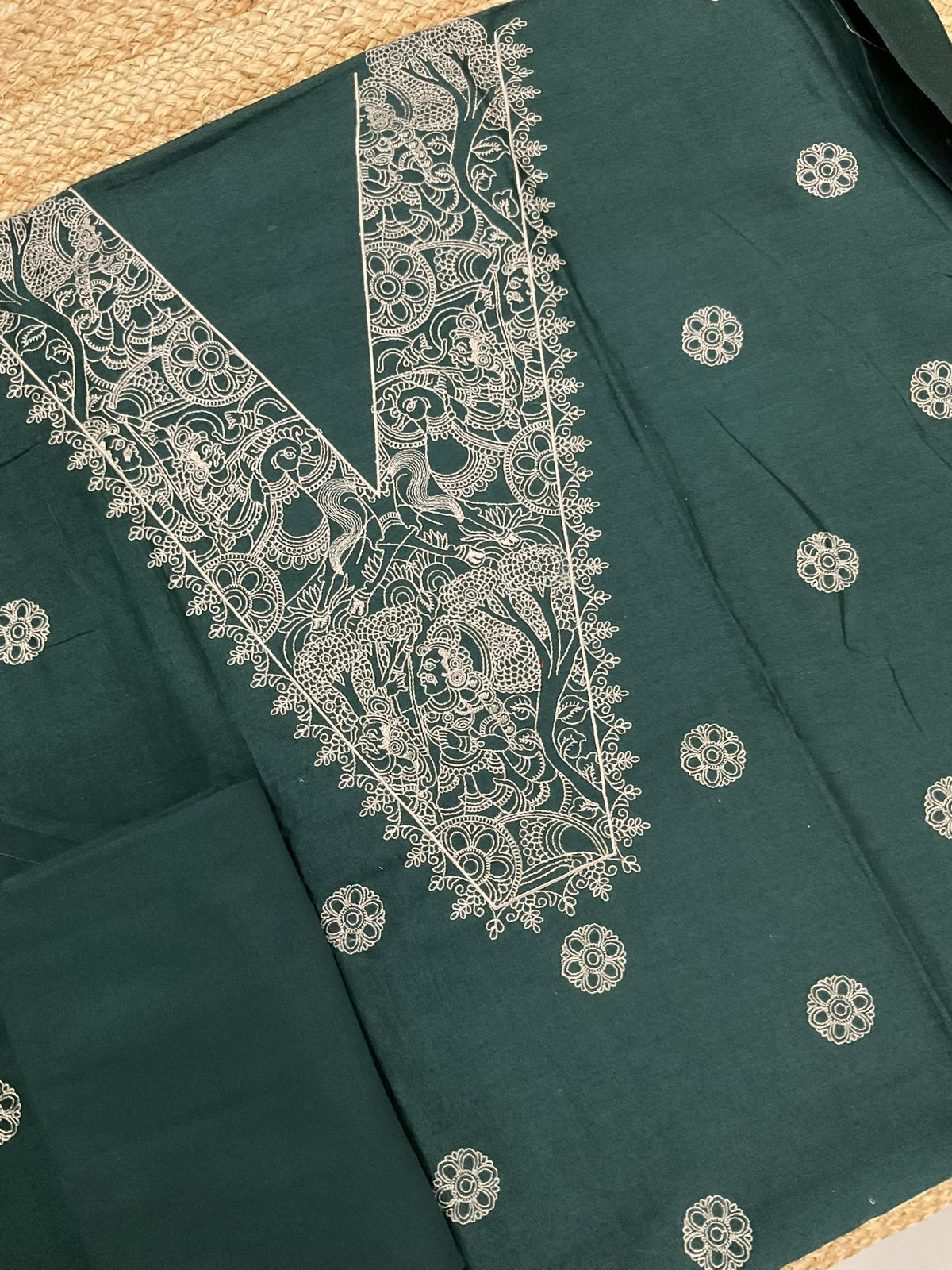 Pure Mul Chanderi Embroidered Suit - Green