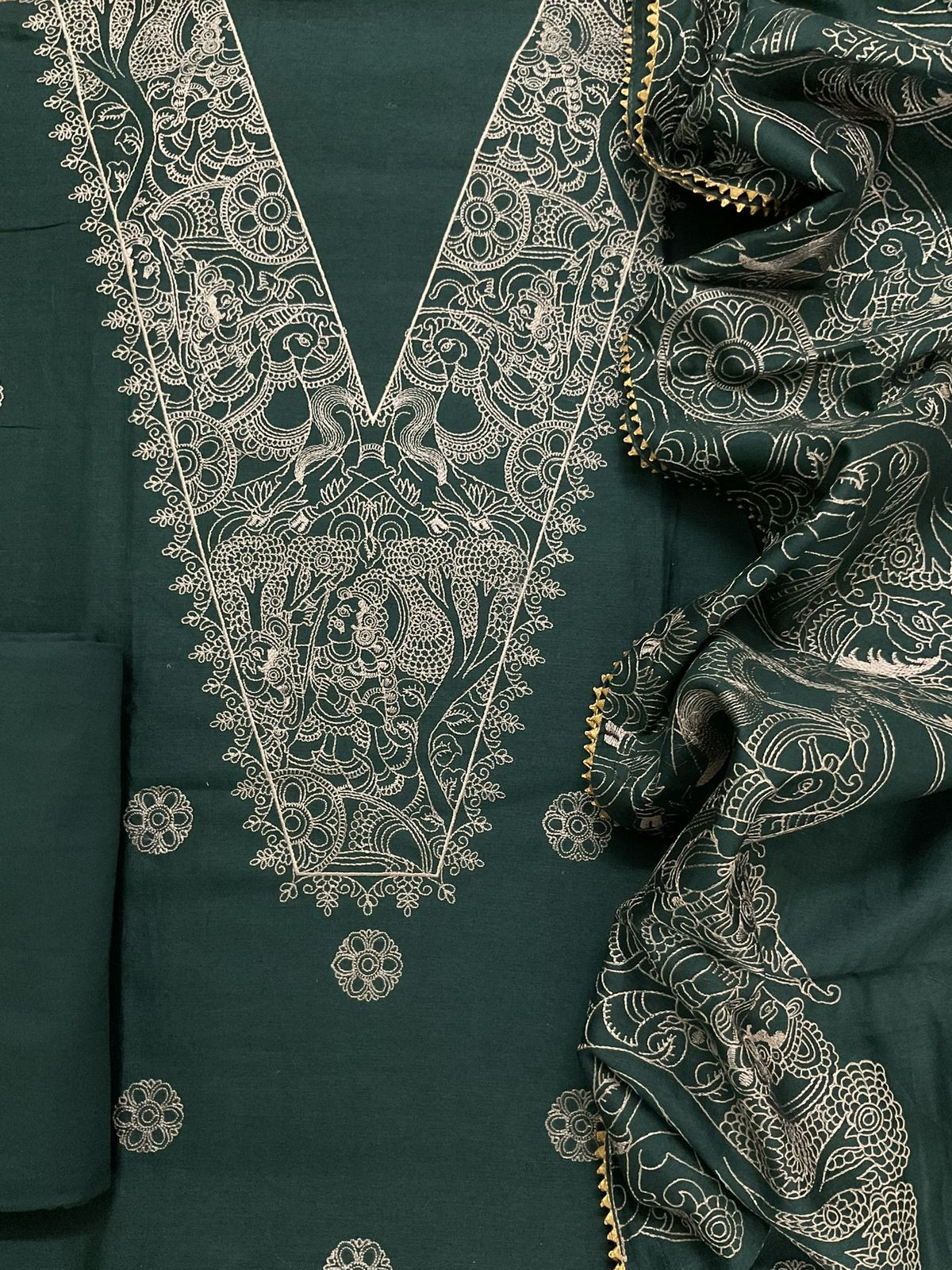 Pure Mul Chanderi Embroidered Suit - Green