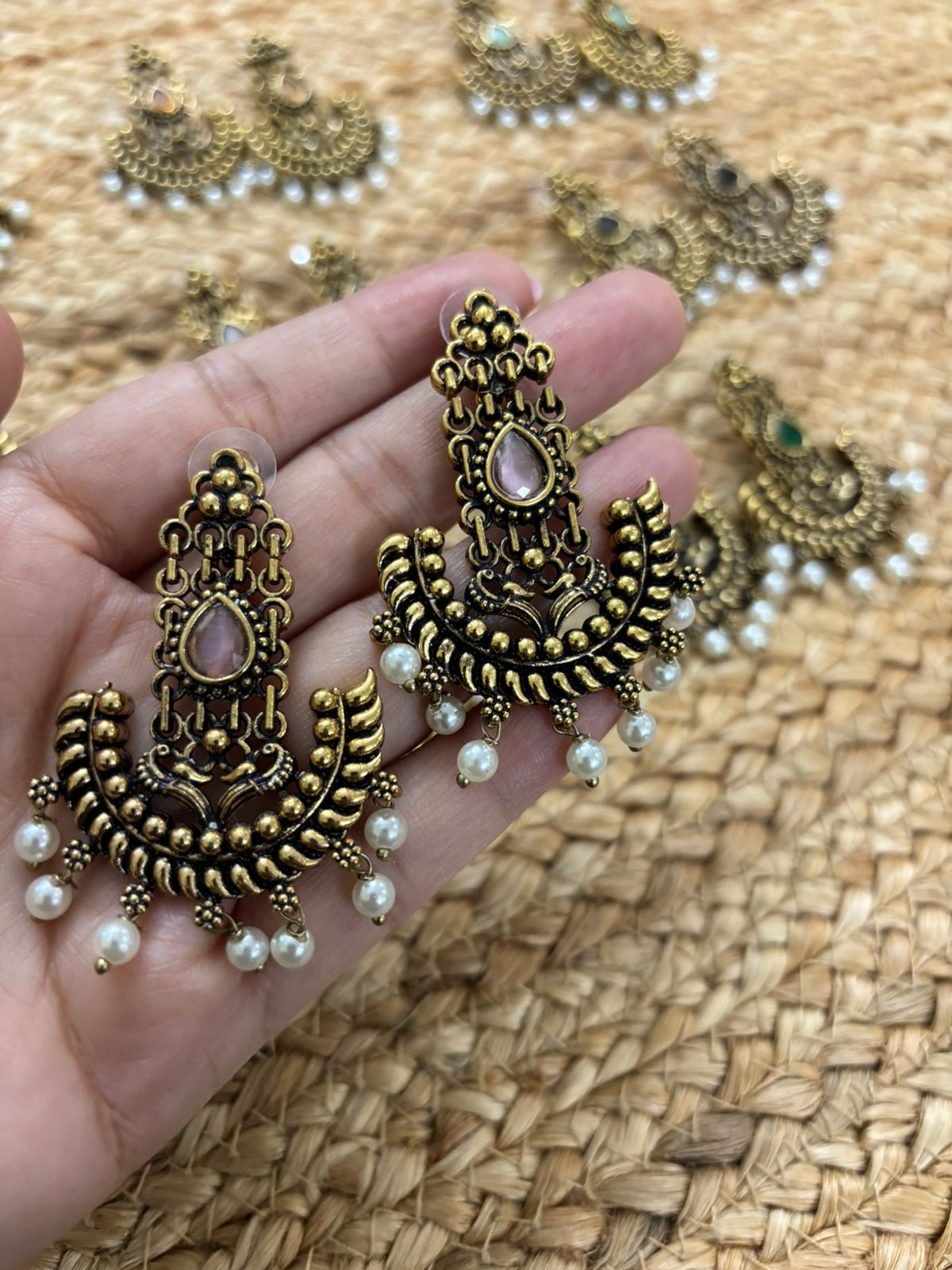 Metallic Gold Oxidised earrings With Stone Settings - Pink