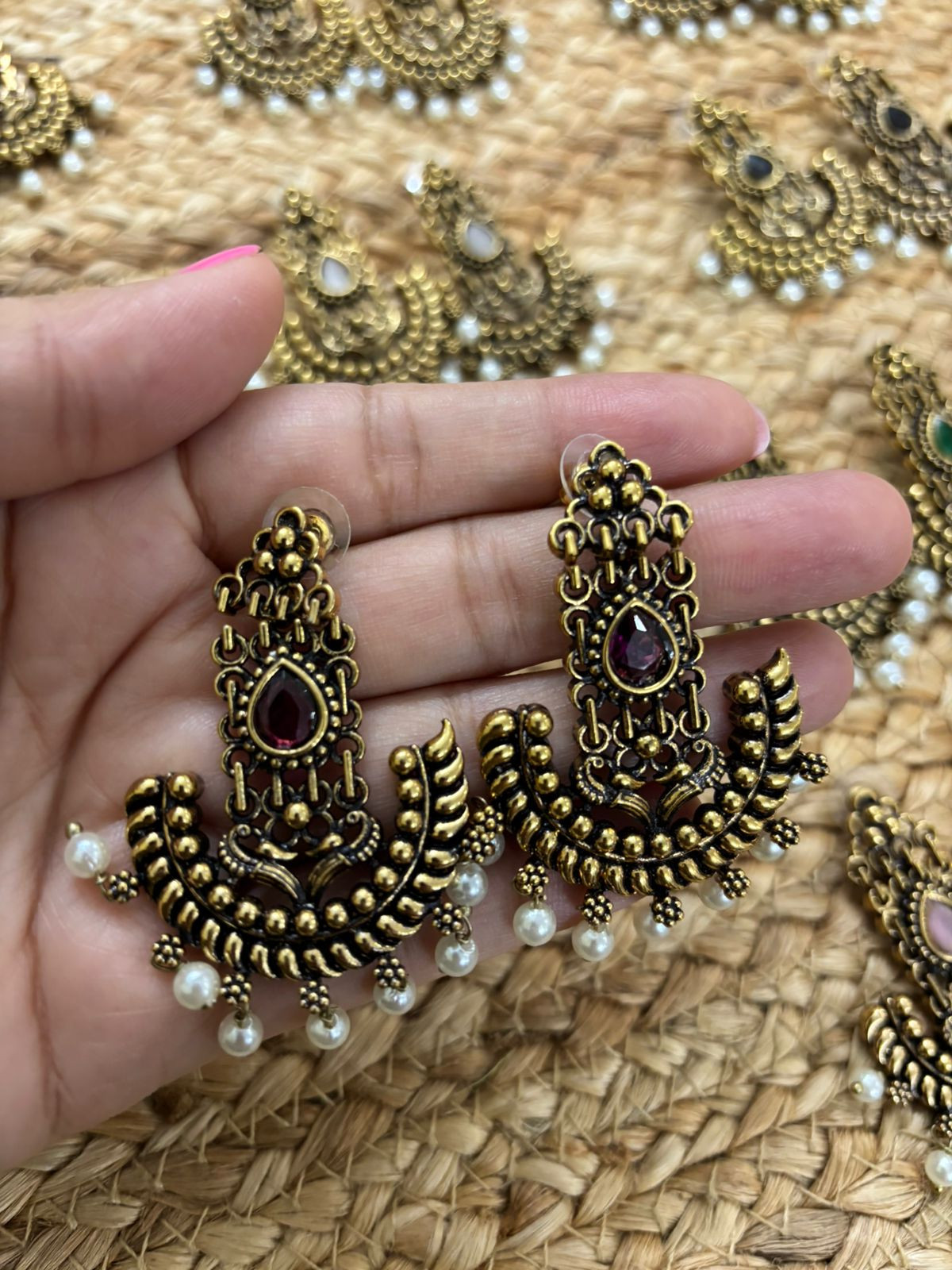 Metallic Gold Oxidised earrings With Stone Settings - Wine