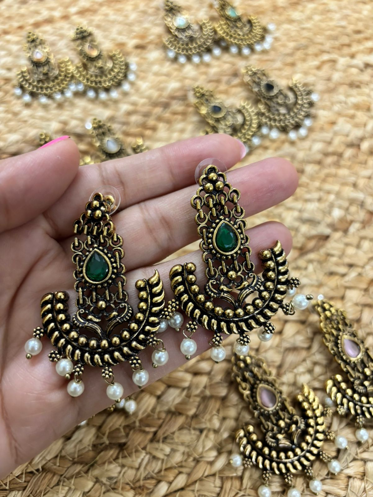 Metallic Gold Oxidised earrings With Stone Settings - Green