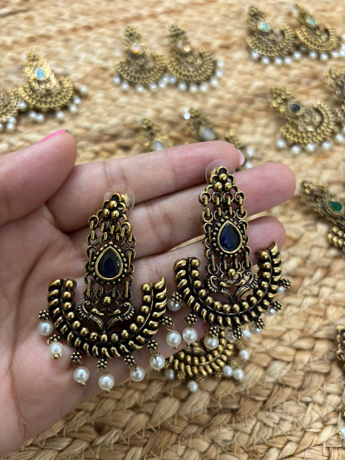 Metallic Gold Oxidised earrings With Stone Settings - Blue
