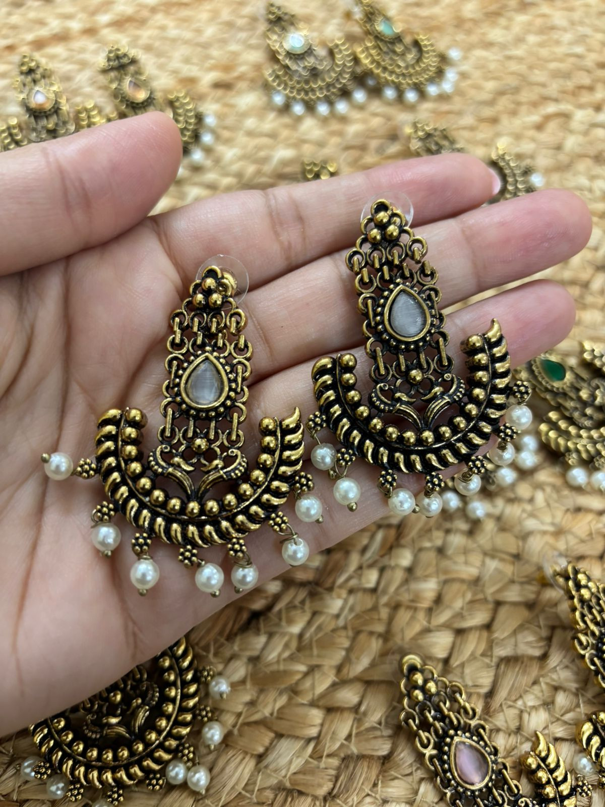 Metallic Gold Oxidised earrings With Stone Settings - White
