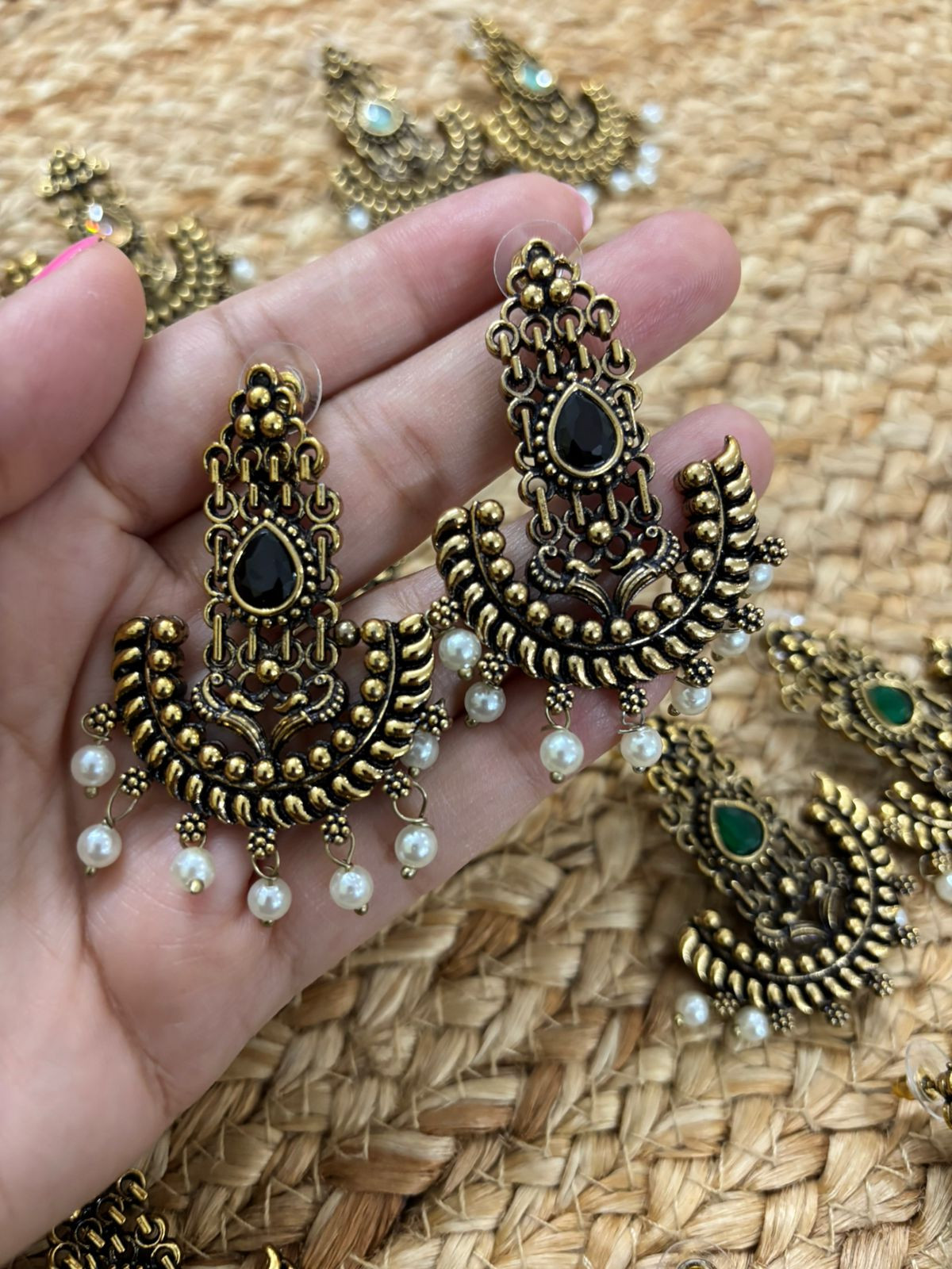 Metallic Gold Oxidised earrings With Stone Settings - Black