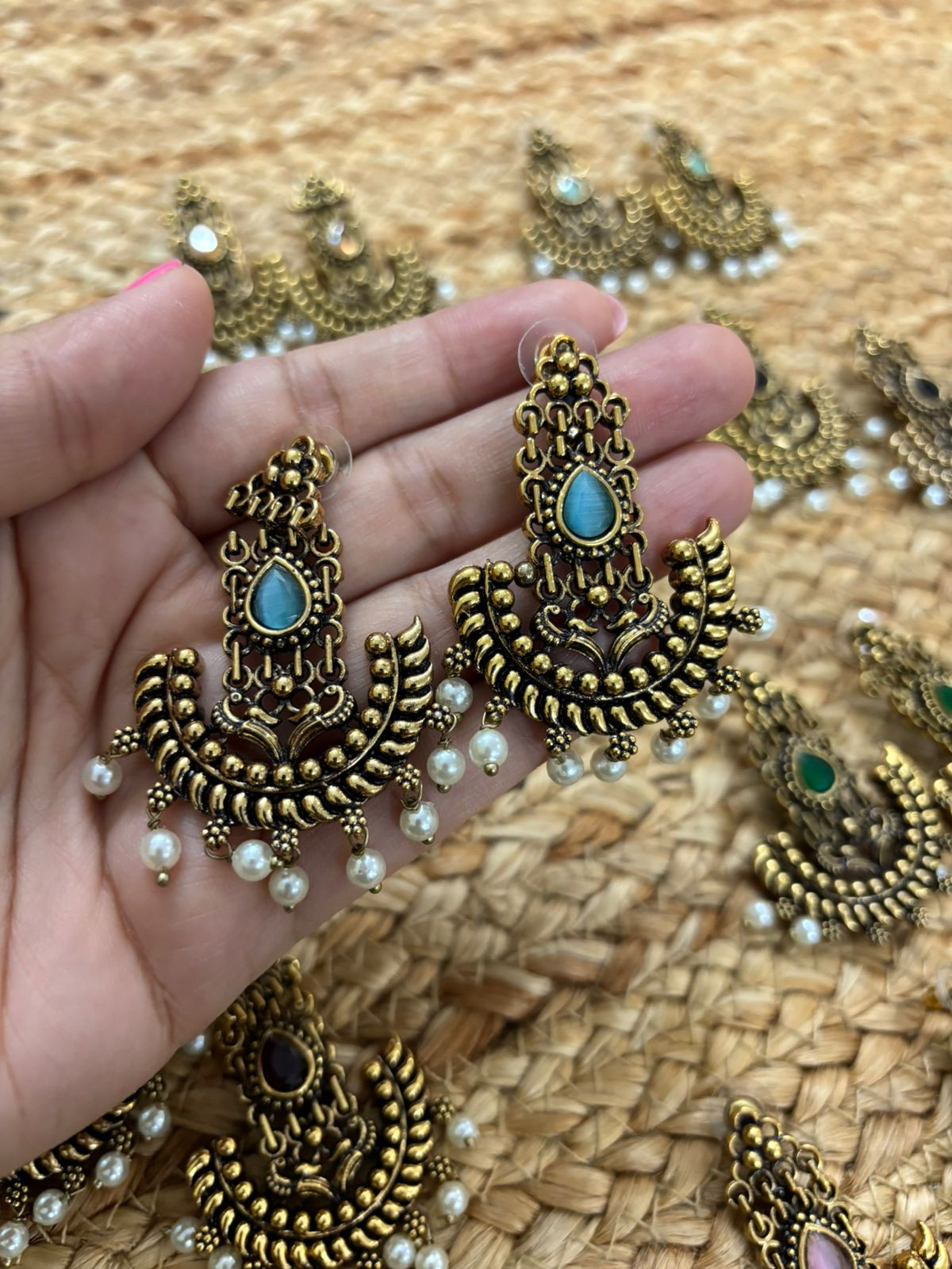 Metallic Gold Oxidised earrings With Stone Settings - Sea Blue