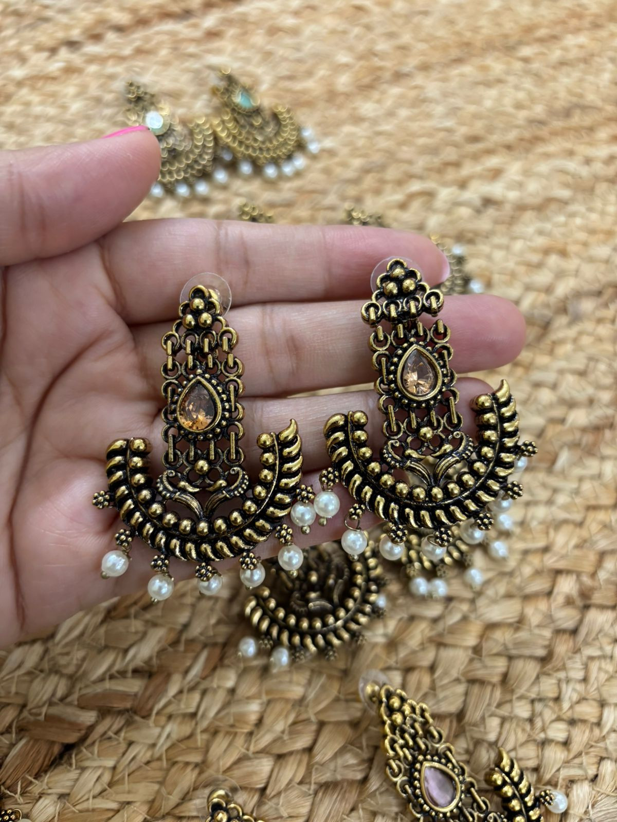 Metallic Gold Oxidised earrings With Stone Settings -Peach