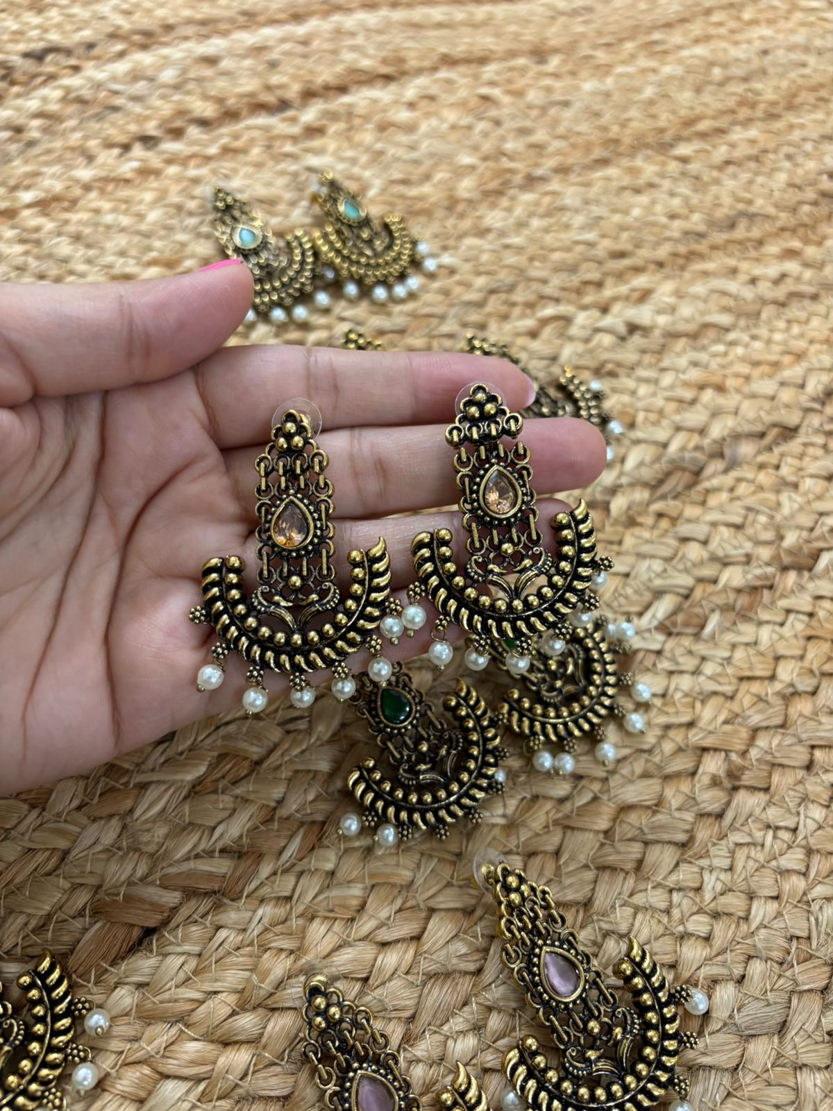 Metallic Gold Oxidised earrings With Stone Settings -Peach