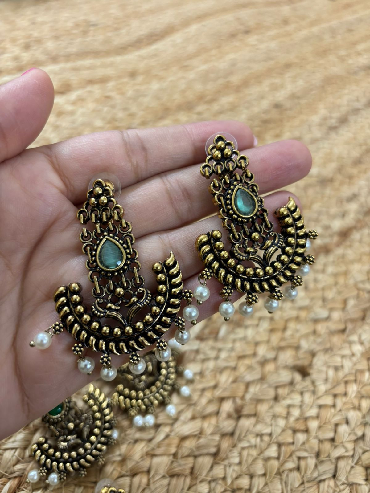 Metallic Gold Oxidised earrings With Stone Settings -Sea green