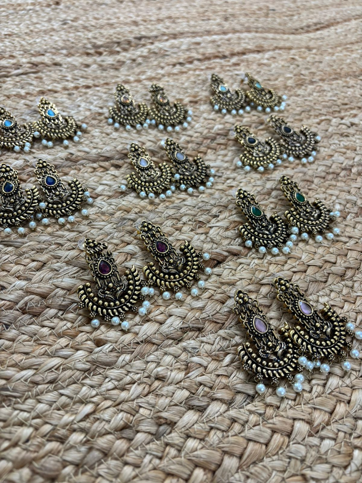Metallic Gold Oxidised earrings With Stone Settings -Sea green