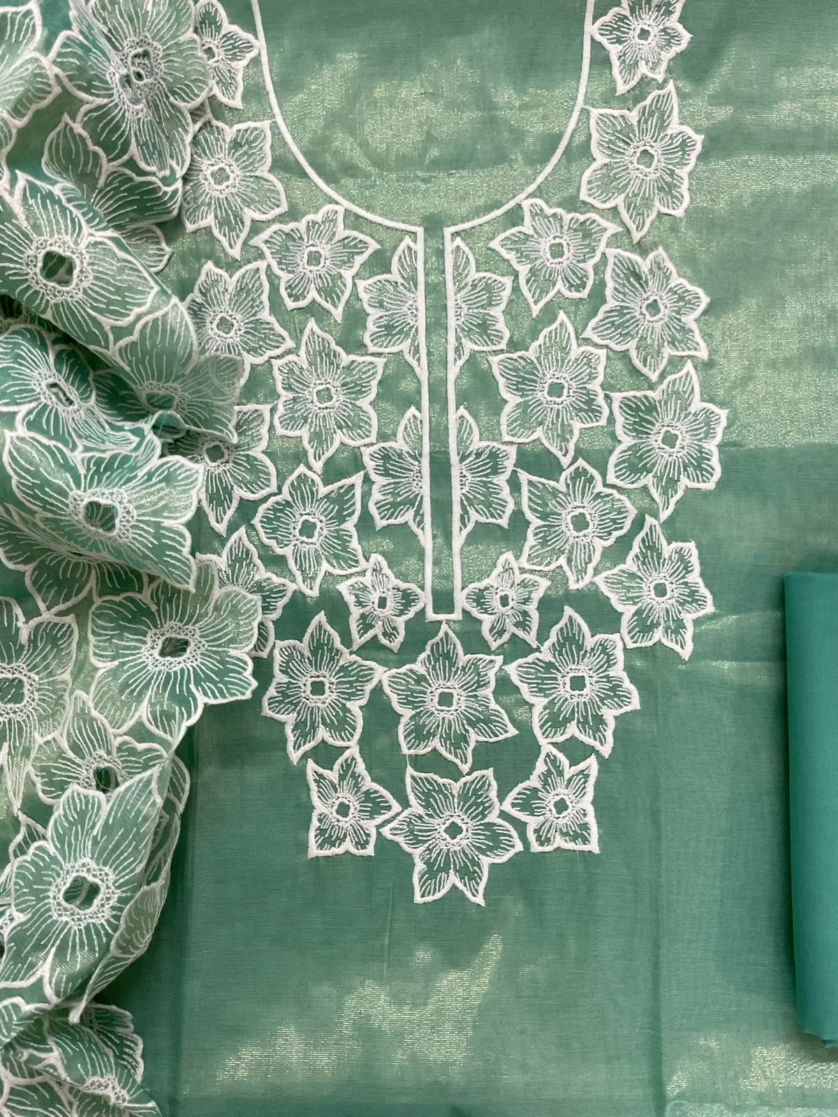 Pure Tissue Chanderi Embroidered Suit - Green
