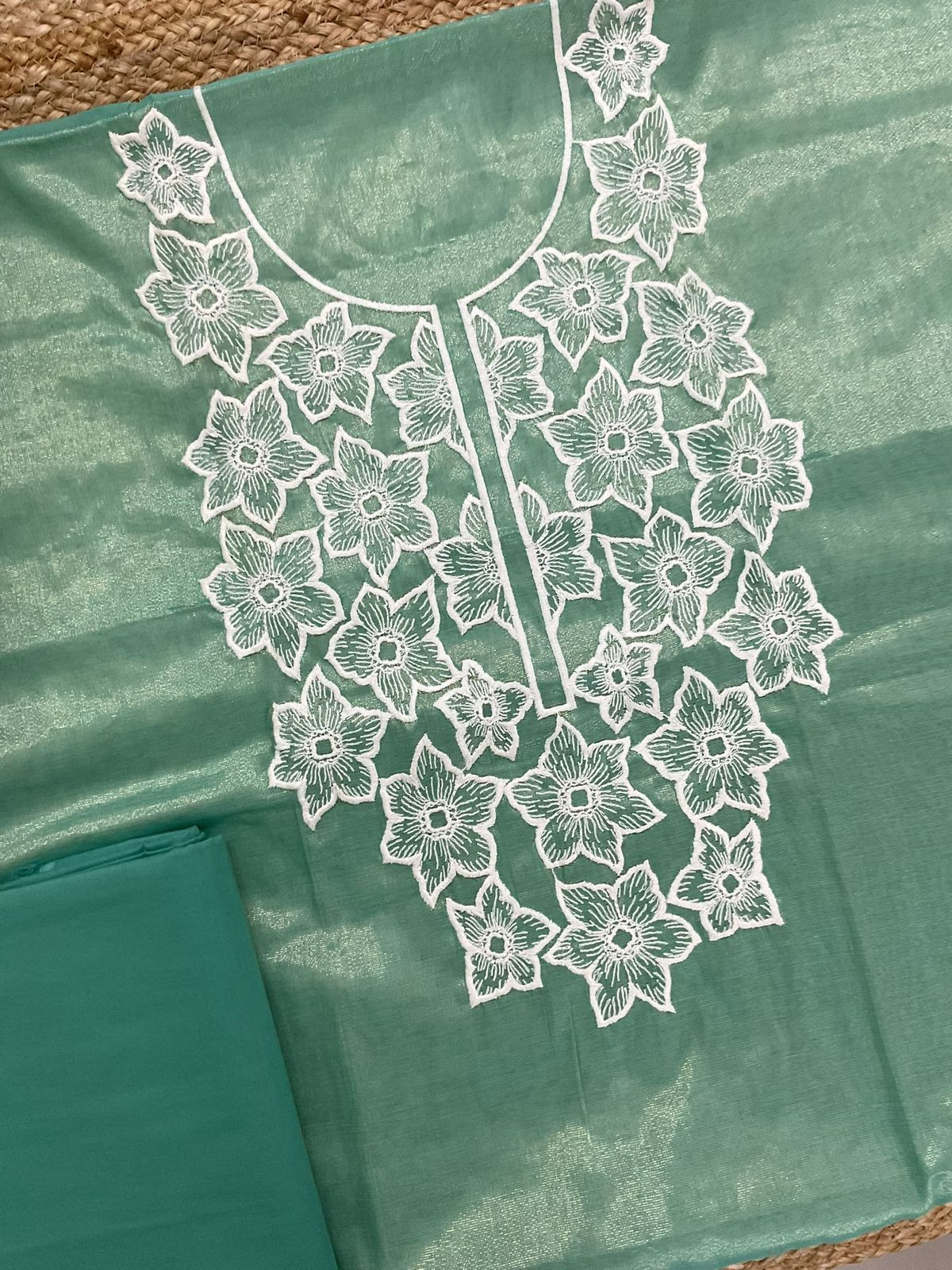 Pure Tissue Chanderi Embroidered Suit - Green