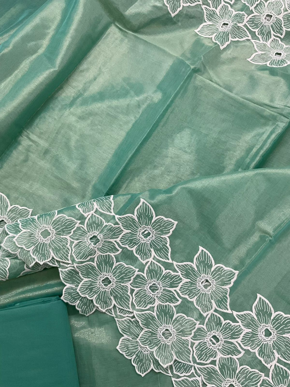 Pure Tissue Chanderi Embroidered Suit - Green