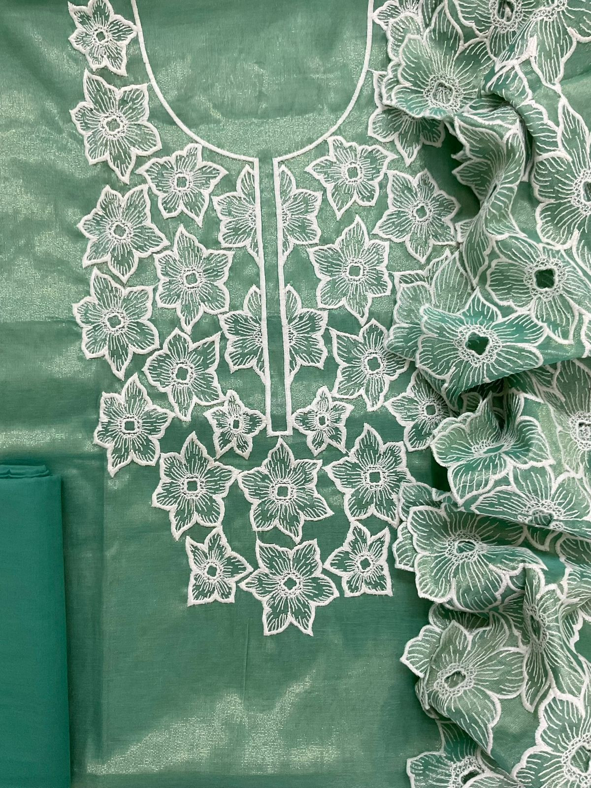 Pure Tissue Chanderi Embroidered Suit - Green