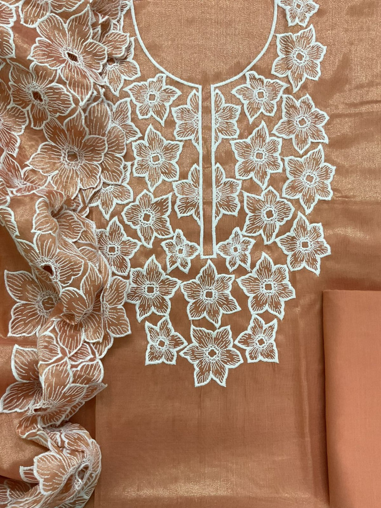 Image of Pure Tissue Chanderi Embroidered Suit - Rust