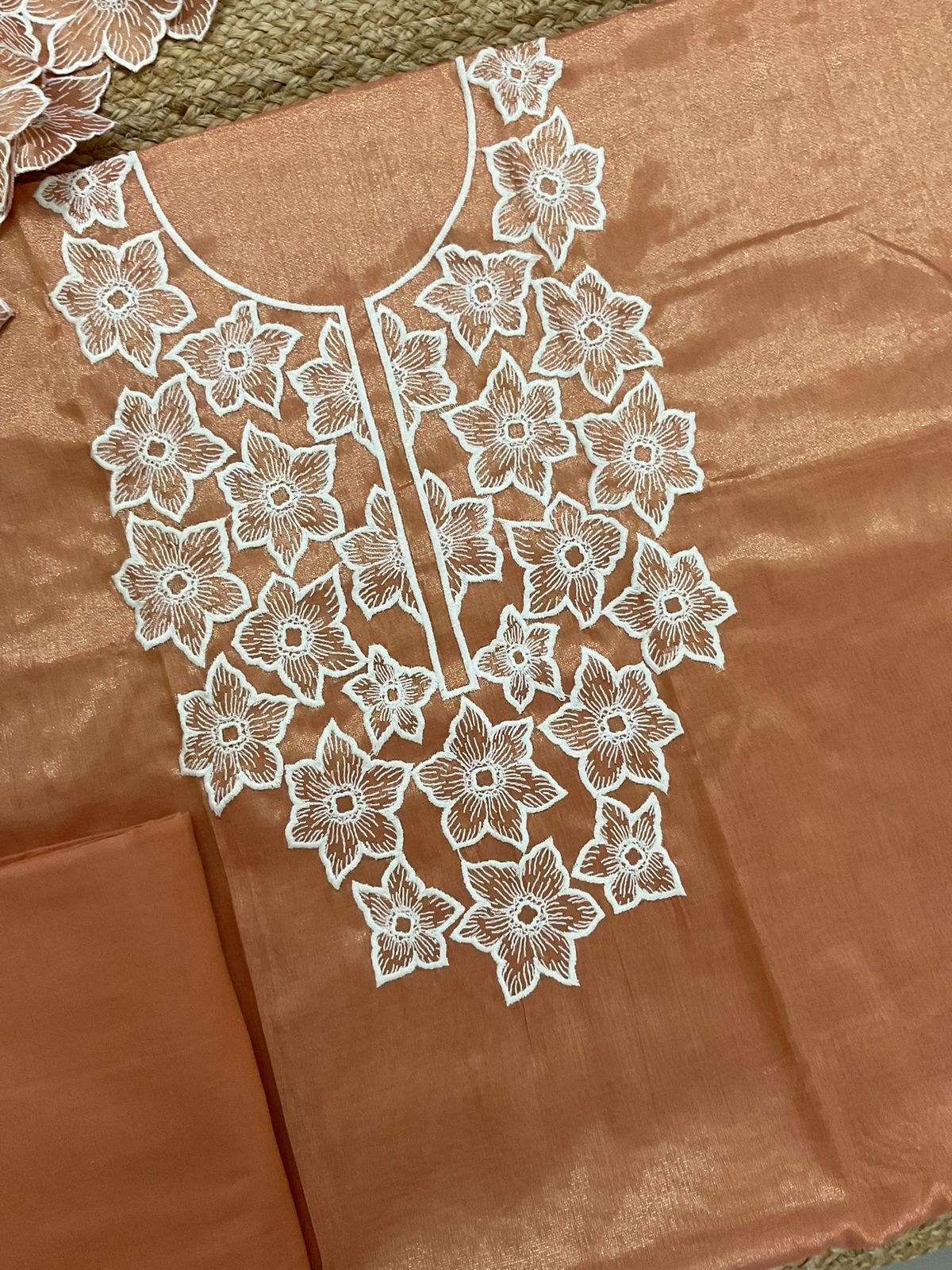 Pure Tissue Chanderi Embroidered Suit - Rust